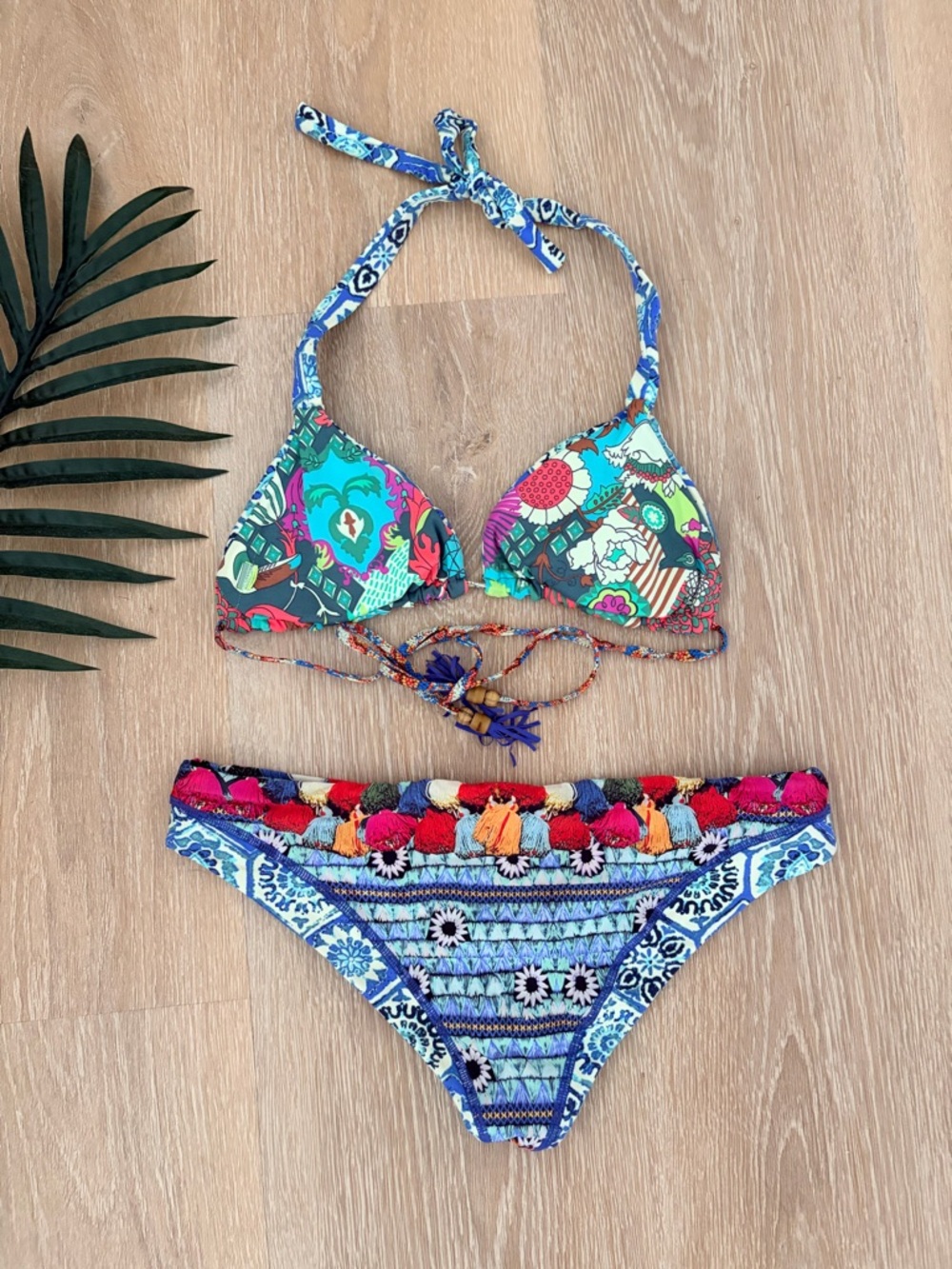 Maaji Vibrant Blue/Pink Boho Halter Top Low Rise Reversable Bikini-M/L - Picture 2 of 8